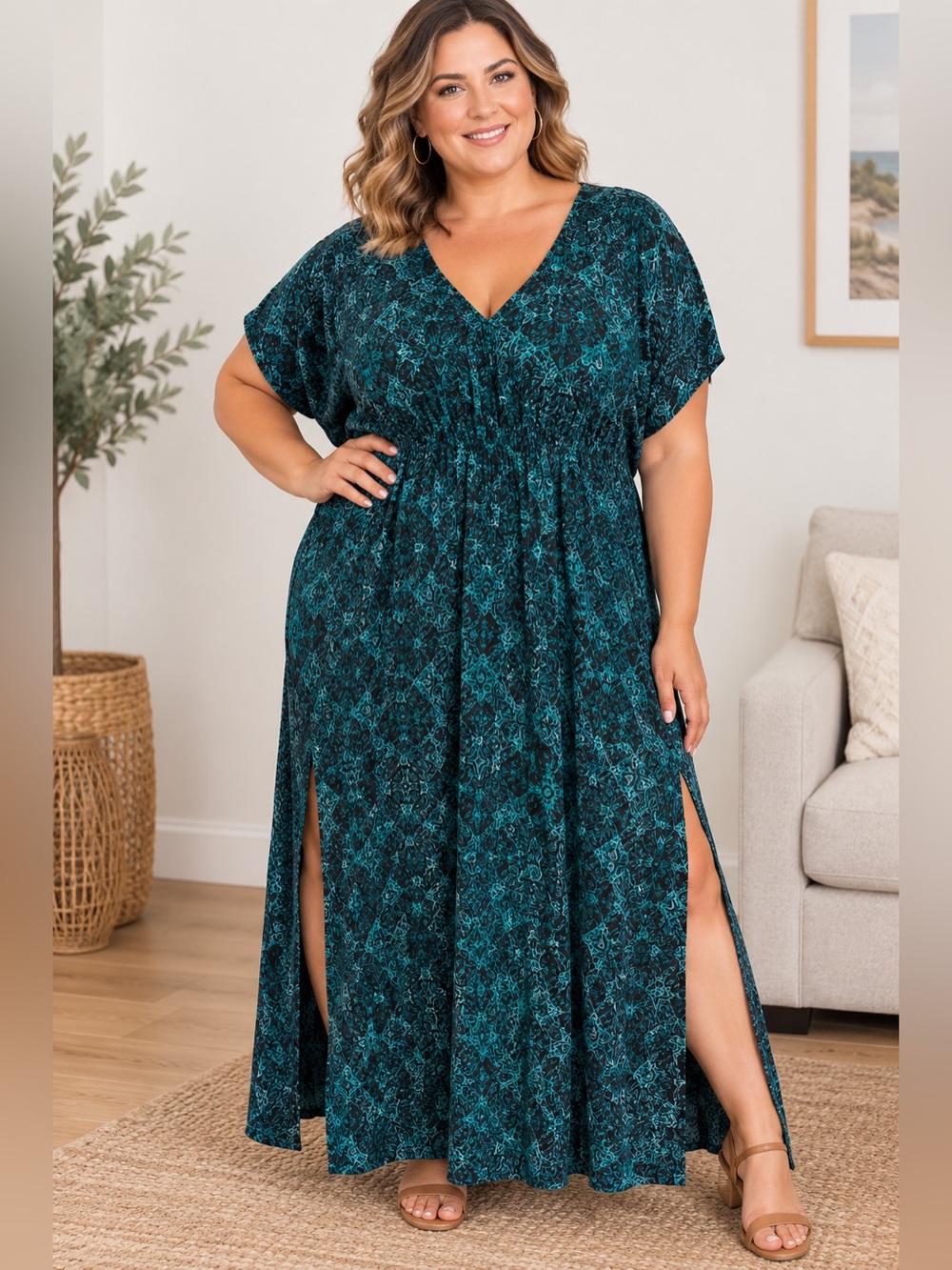 Penn 2X Teal Patterned V-Neck Women's Dress